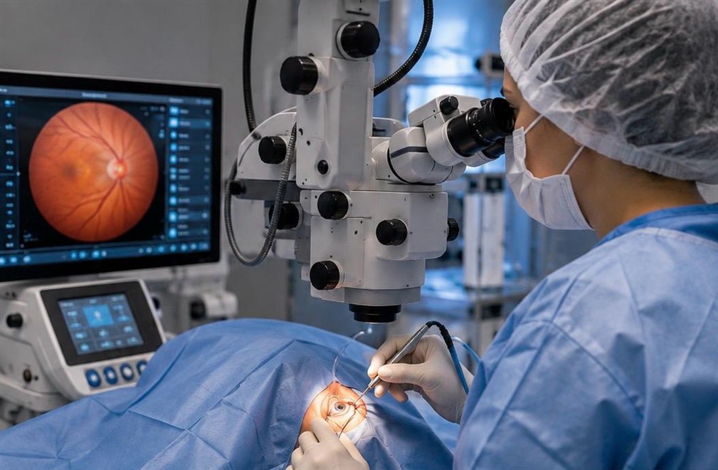 Cirurgia de retina (vitrectomia) sendo realizada com microsc&oacute;pio cir&uacute;rgico na Raro Cl&iacute;nica da Vis&atilde;o